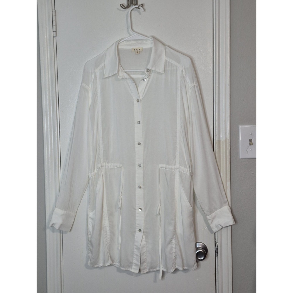 POL Women's Small White Oversized Tunic Top Button Front Utility Pockets Modest